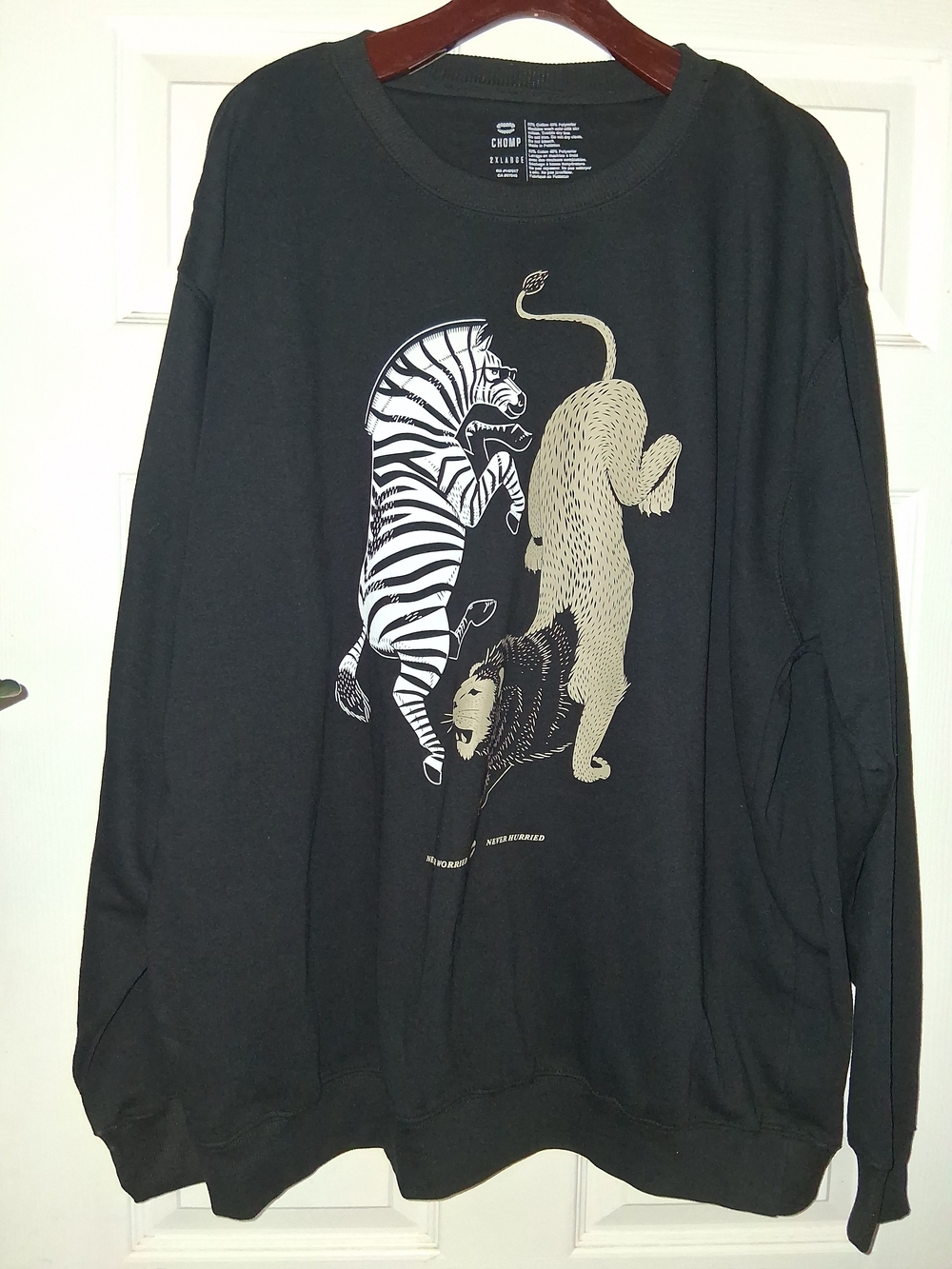 Chomp Brand "Dawn Hunt" Lion Zebra Graphic Crewneck Sweatshirt Black